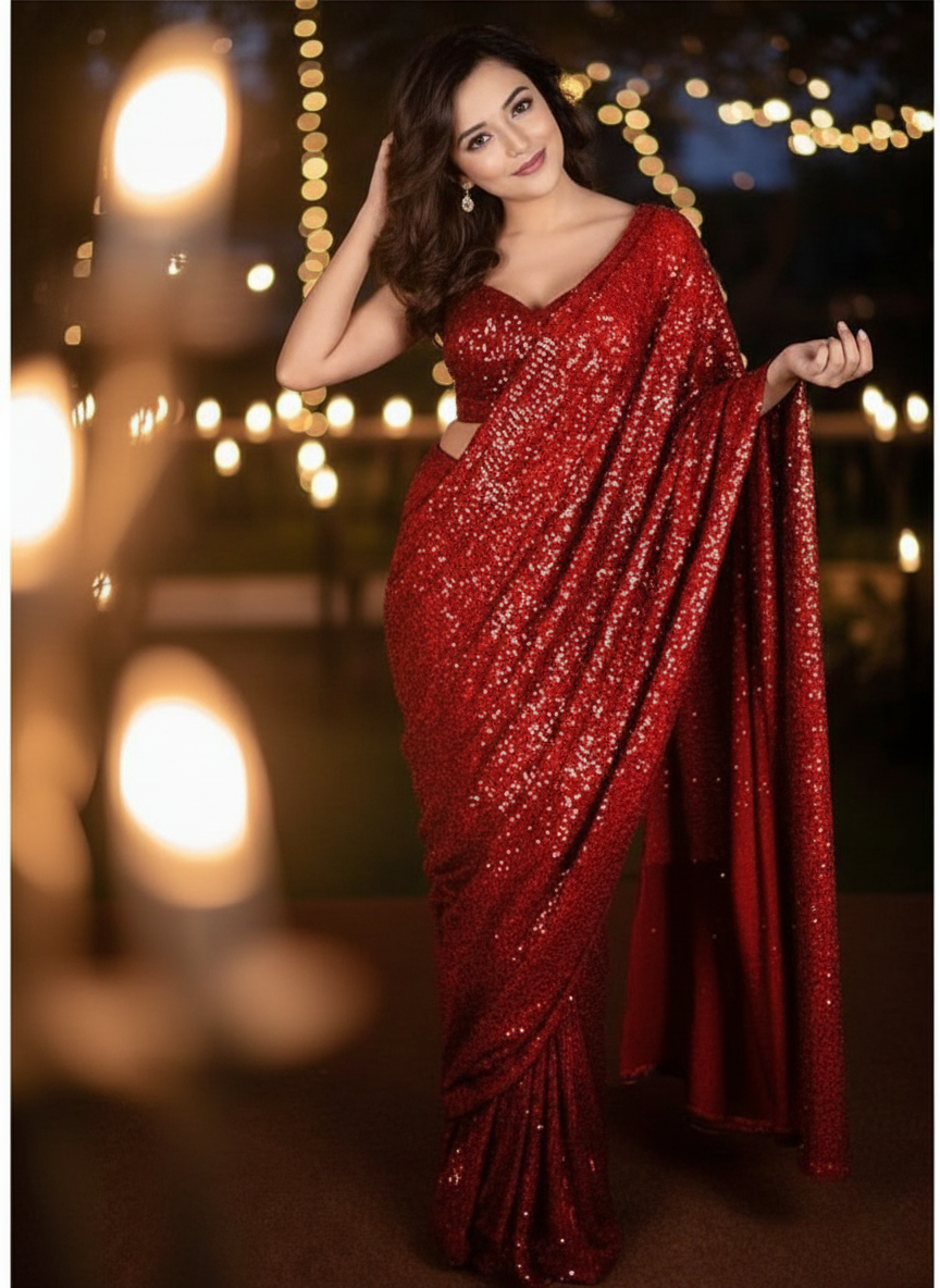 Embellished, Embroidered Fashion Silk Blend Saree With Unstitched Blouse (Red)