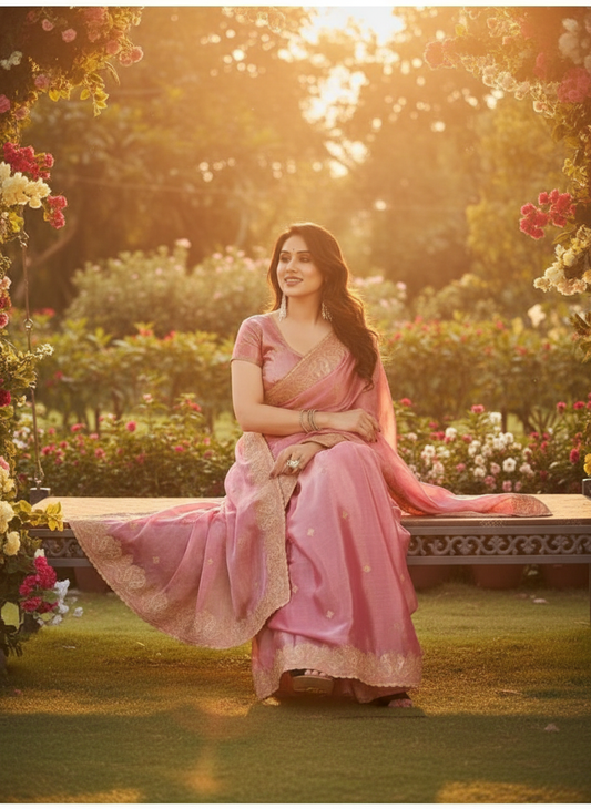 Embroidered Bollywood Chiffon, Organza Saree with Unstitched Blouse (Orange)