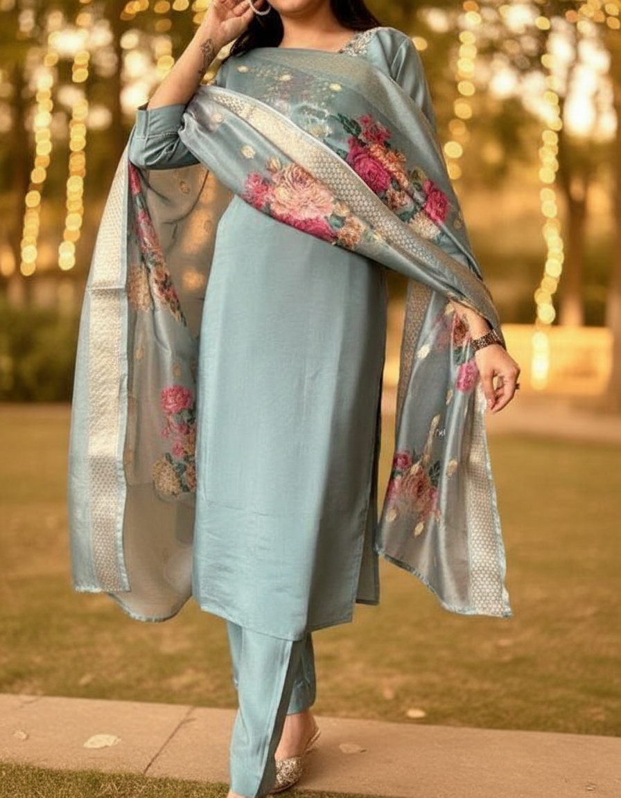 Embellished Anarkali Kurta, Bottom & Dupatta Set