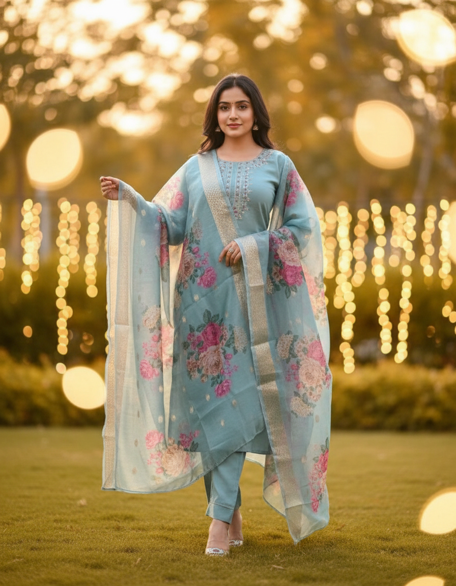 Embellished Anarkali Kurta, Bottom & Dupatta Set