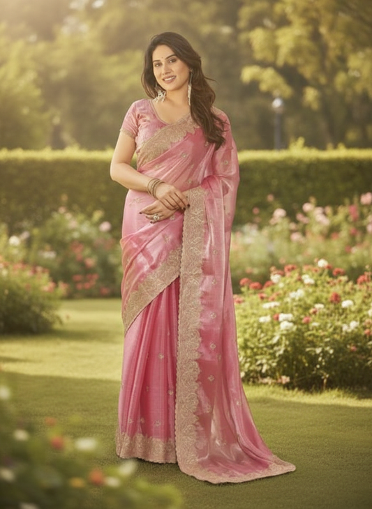 Embroidered Bollywood Chiffon, Organza Saree with Unstitched Blouse (Orange)