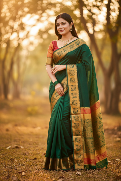 Women Bollywood Cotton Silk Saree with Unstitched Blouse (Green)